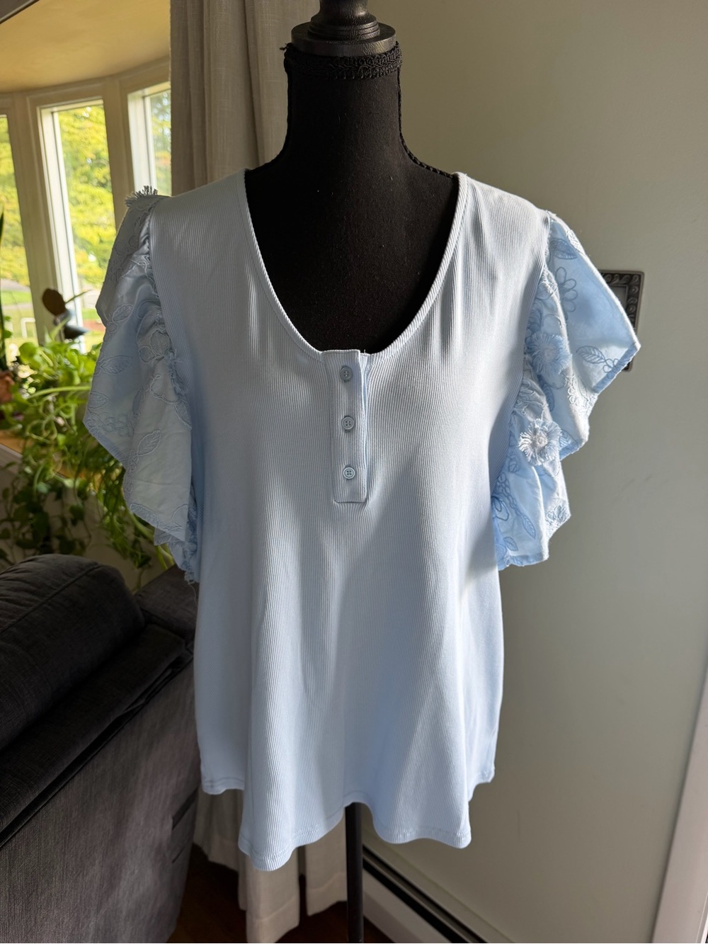 Philosophy Soft Light Blue Ruffle Sleeve Blouse